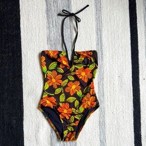 NEW Solid & Striped One Piece Halter Swim Suit